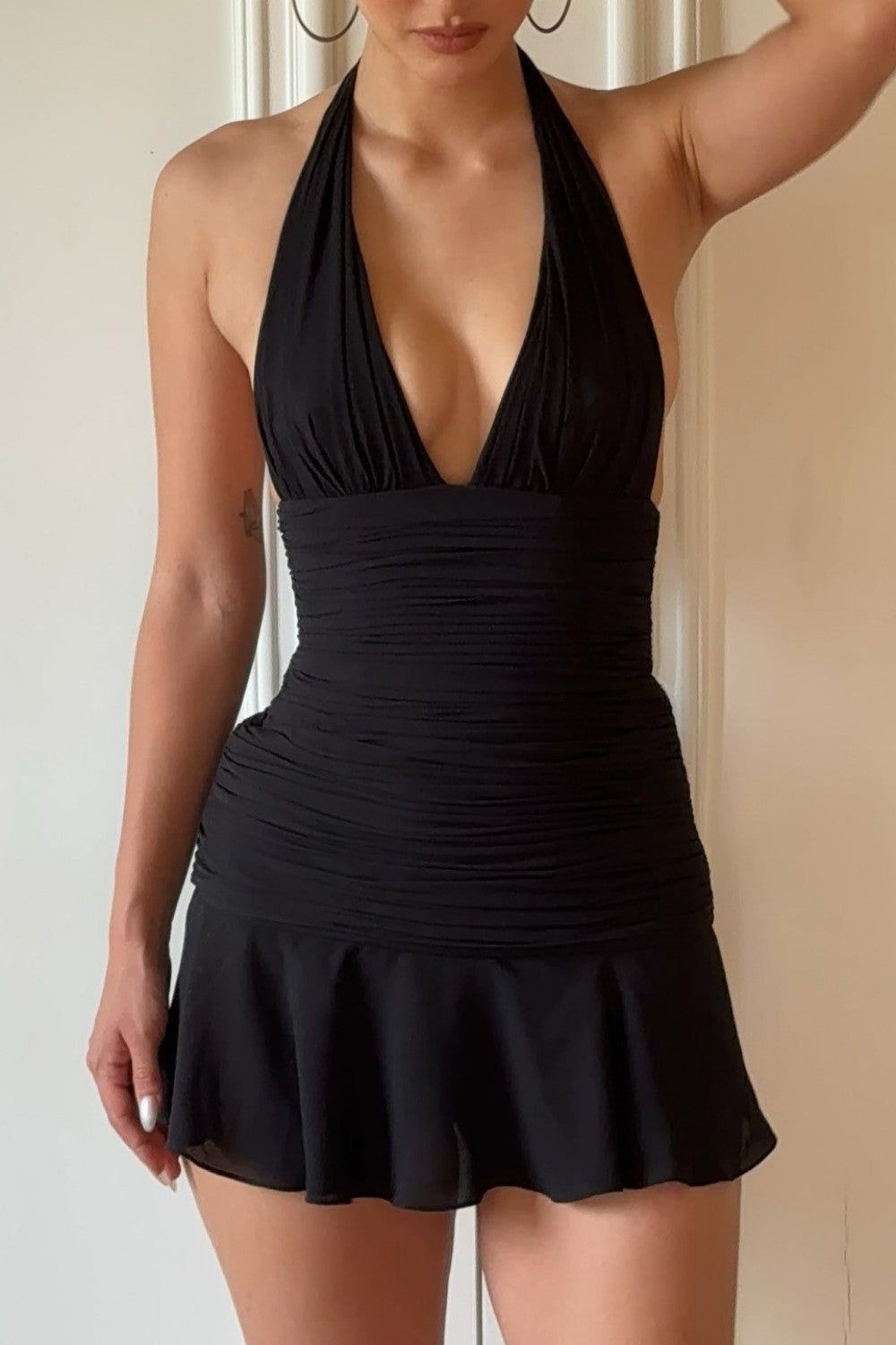 Halter Deep V Ruched Ruffle Hem Mini Dress