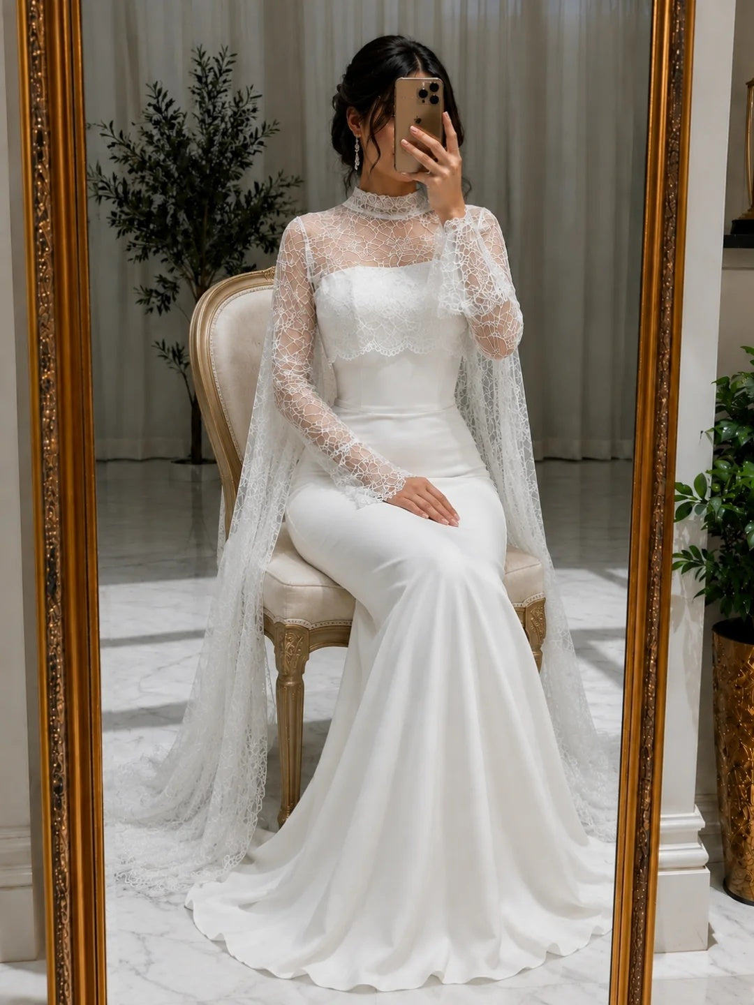 High-Neck Lace Mermaid Gown with Cape