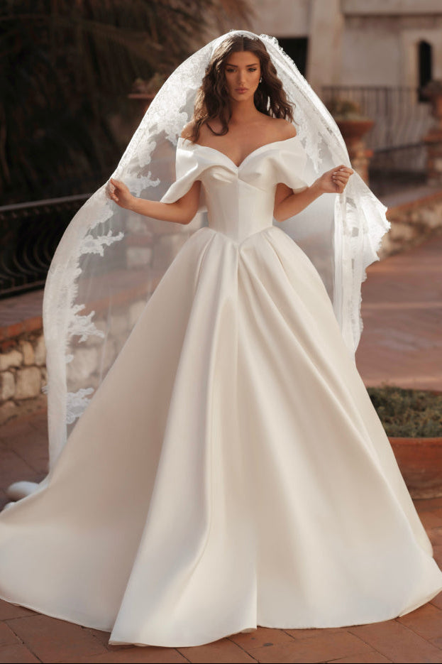 Off-the-Shoulder Satin Ball Gown Wedding Dress
