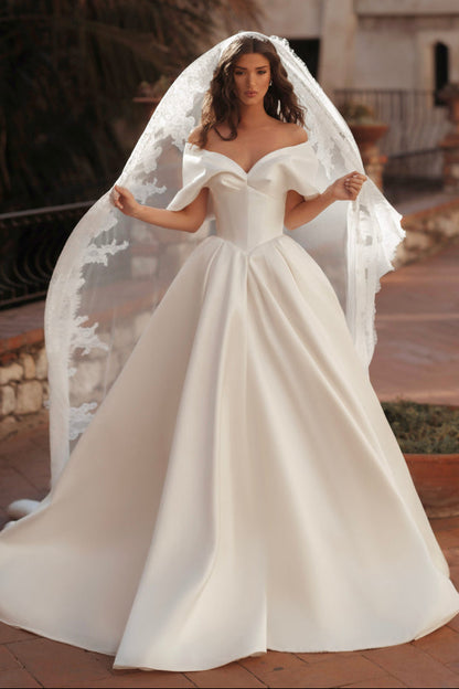 Off-the-Shoulder Satin Ball Gown Wedding Dress