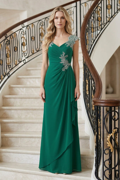 Embellished Cap Sleeve Ruched Evening Gown