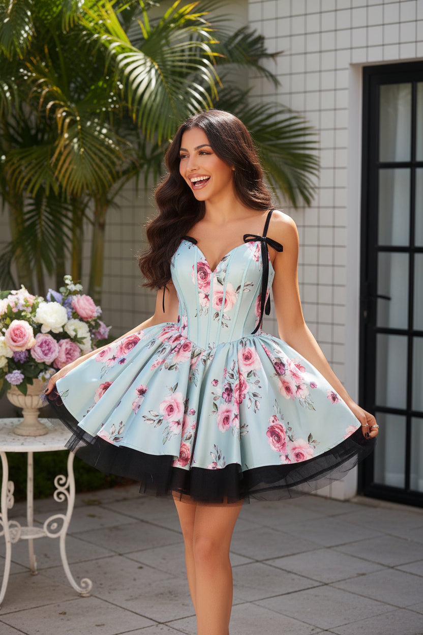 Floral Corset Mini Dress with Bows