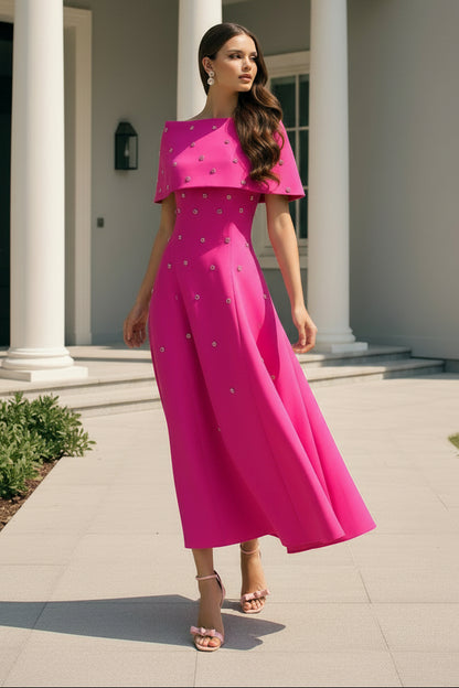 Beaded Cape Off-The-Shoulder A-Line Midi Dress