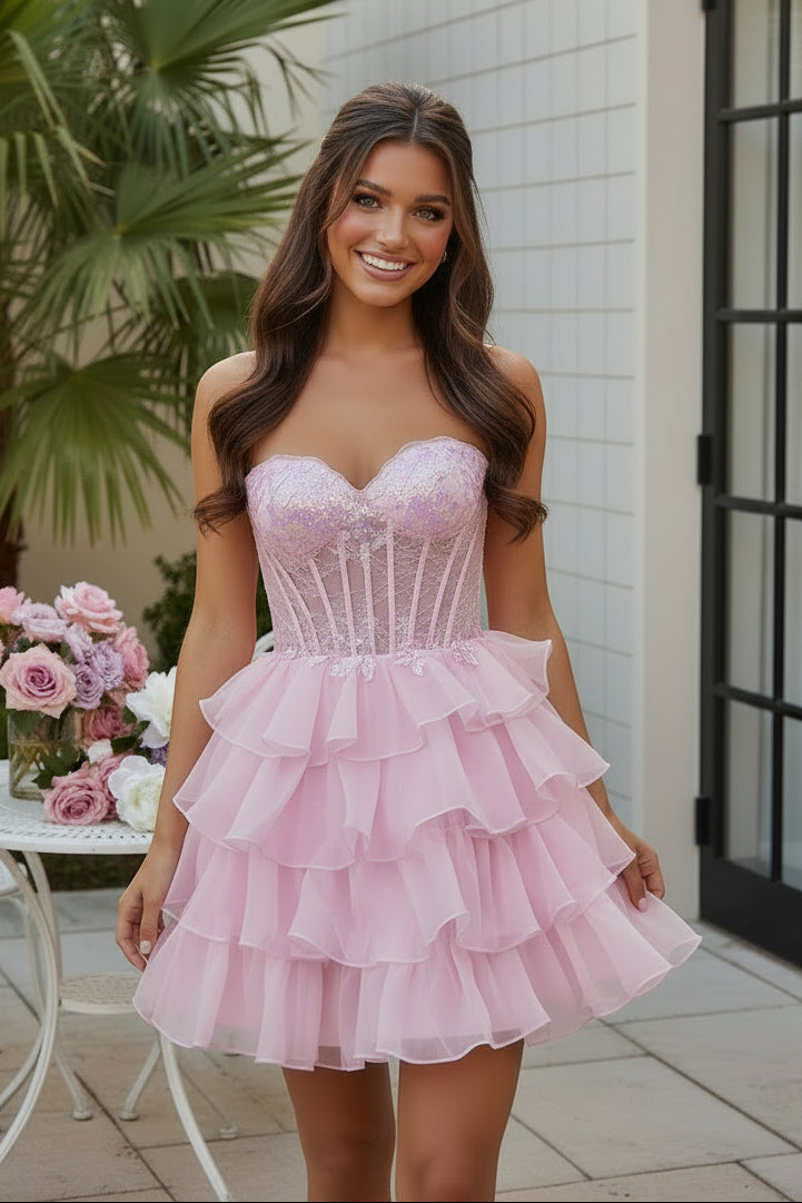Strapless Tiered Corset Mini Dress with Sequins