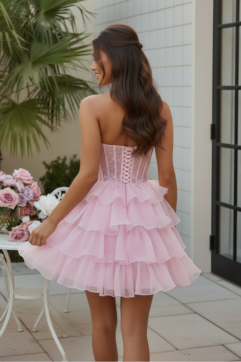Strapless Tiered Corset Mini Dress with Sequins