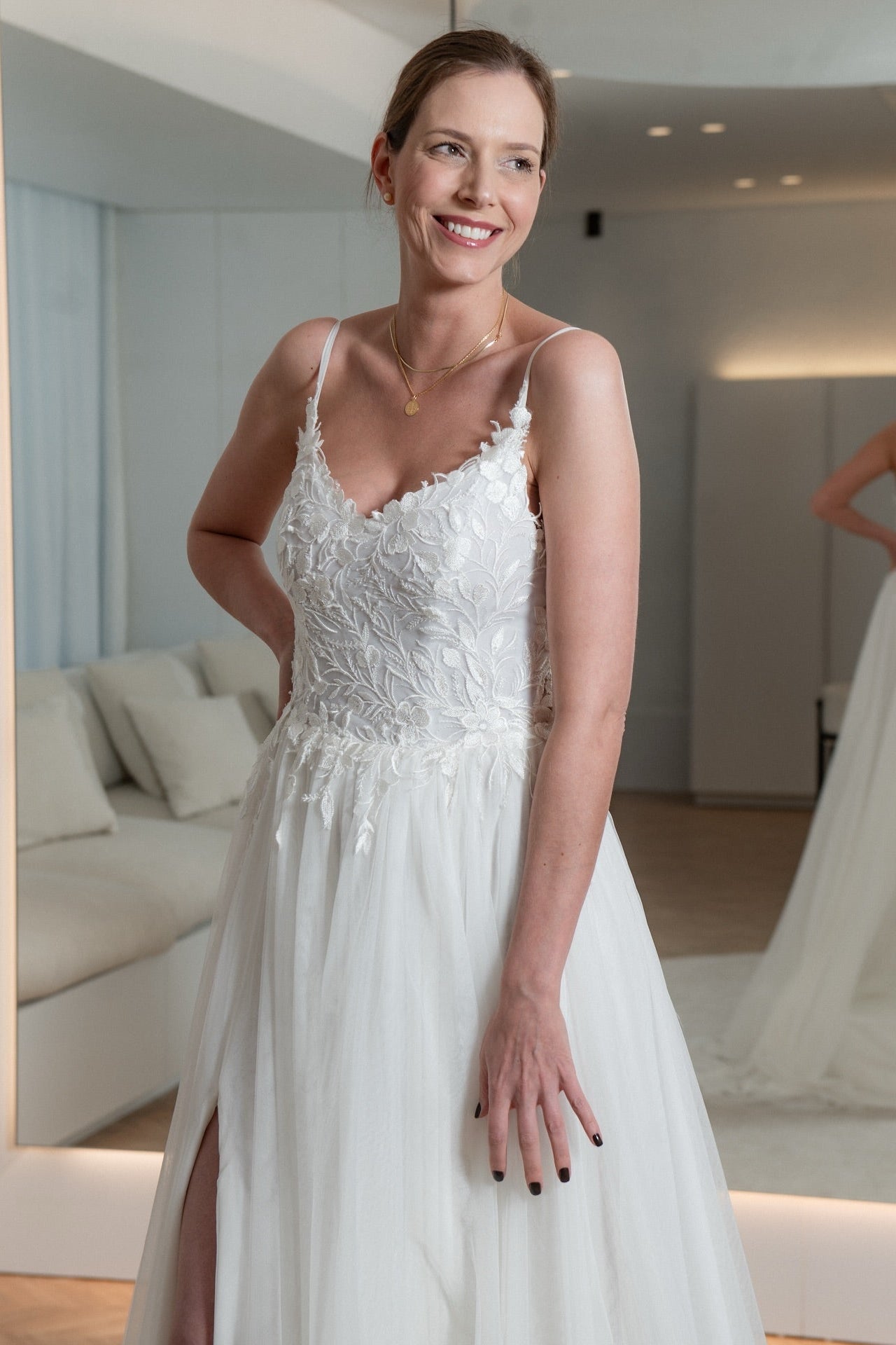 A-Line Lace and Tulle Wedding Dress with High Slit