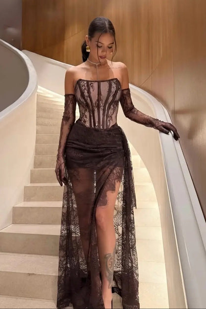 Strapless Corset Lace Evening Gown with Gloves