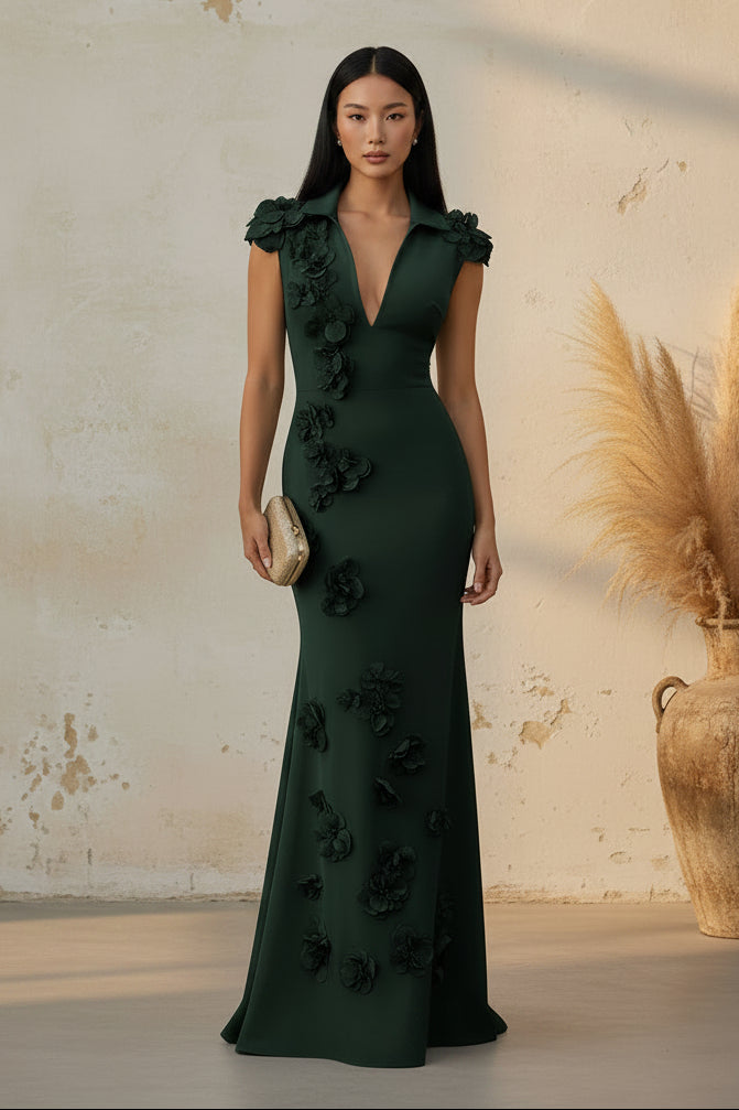 Collared V-Neck Mermaid Evening Gown with 3D Flowers