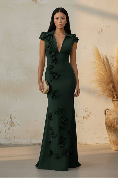 Collared V-Neck Mermaid Evening Gown with 3D Flowers