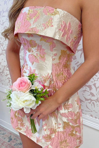 Strapless Fold-Over Floral Jacquard Mini Dress