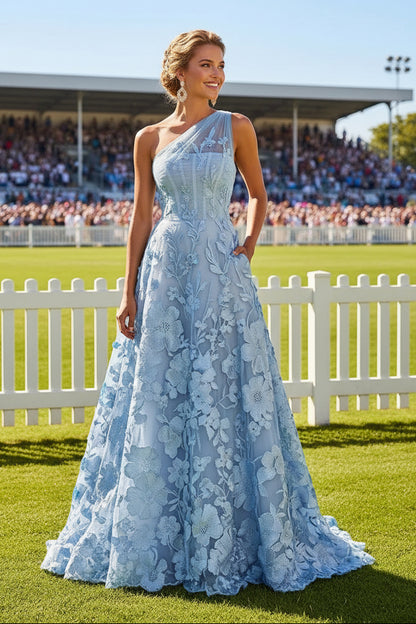 One-Shoulder Floral 3D Applique Gown with Pockets