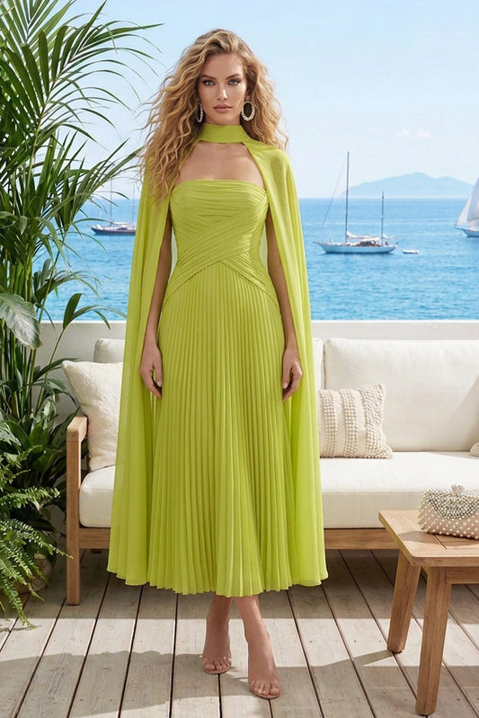 Pleated Midi Dress with Sheer High-Neck Cape