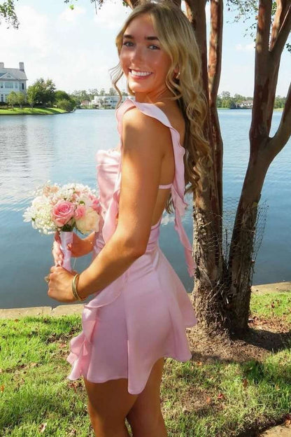 Ruffled Backless Satin A-Line Mini Dress