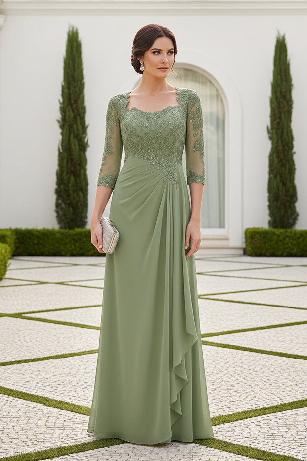 Lace Illusion A-Line Evening Gown with 3/4 Sleeves