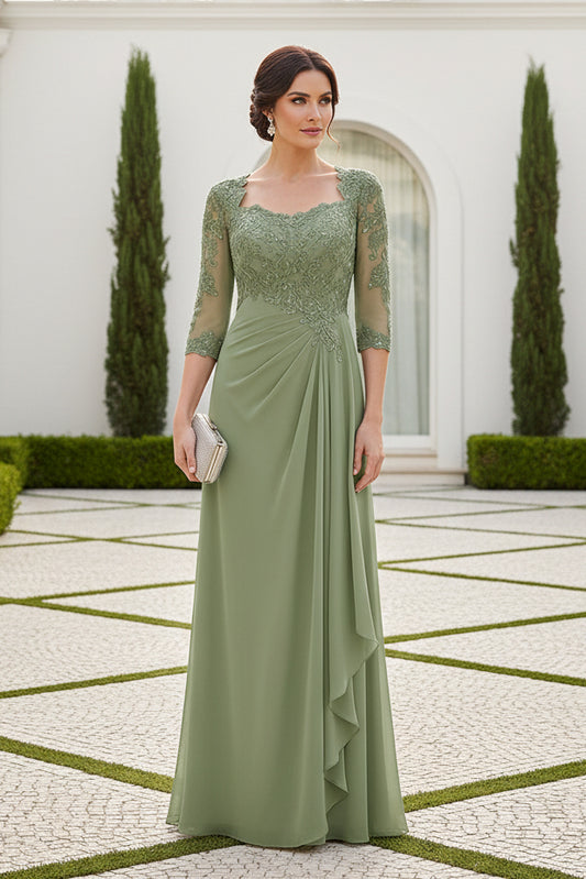 Lace Illusion A-Line Evening Gown with 3/4 Sleeves