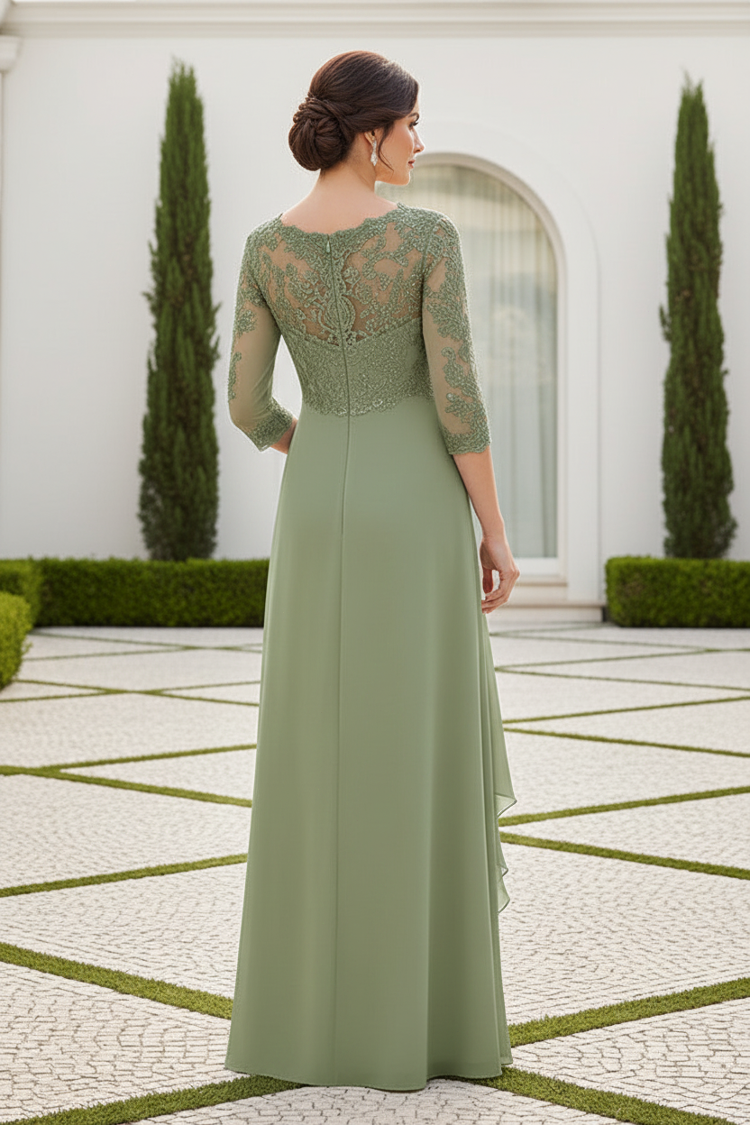 Lace Illusion A-Line Evening Gown with 3/4 Sleeves
