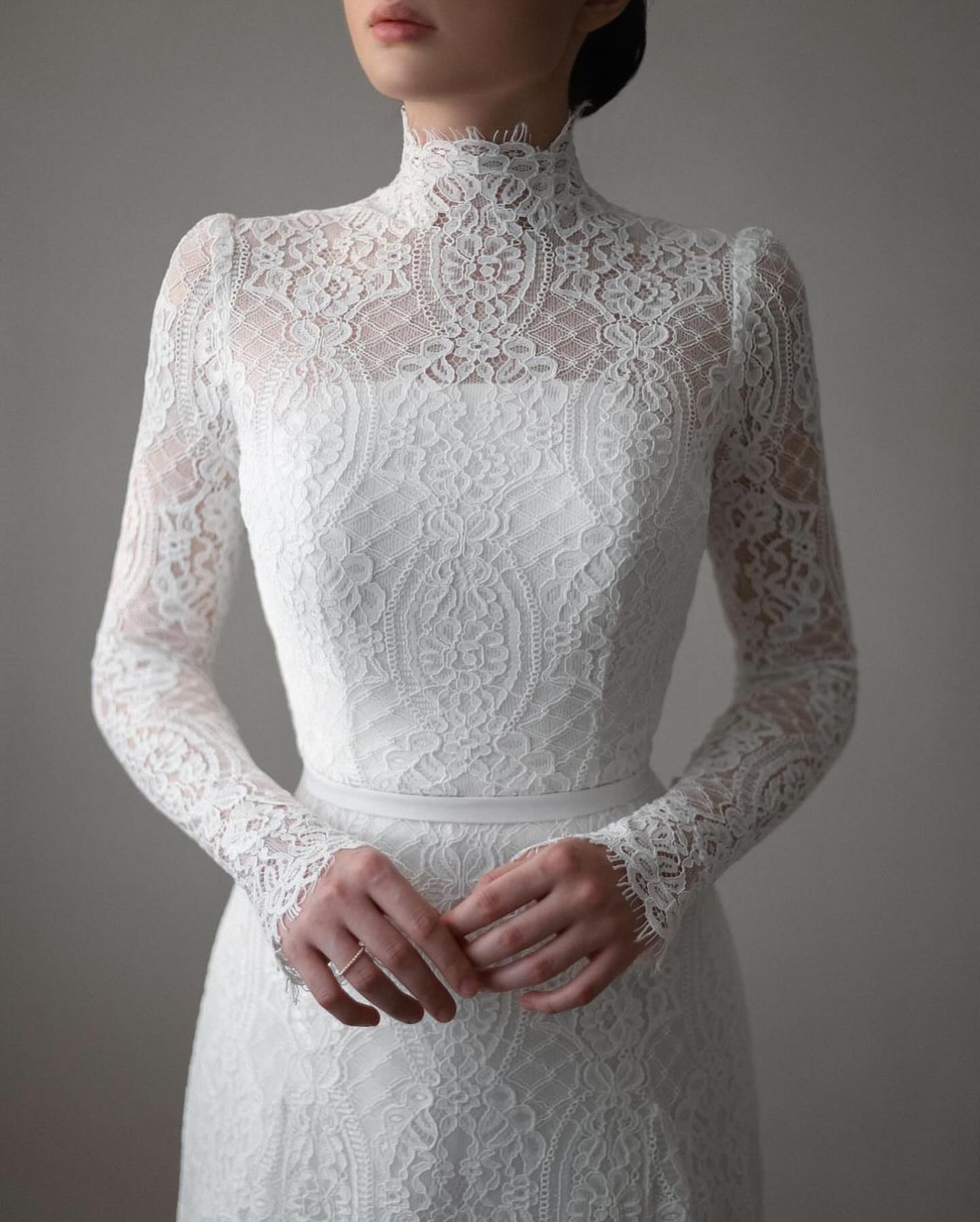 High Neck Lace Long Sleeve A-Line Wedding Dress