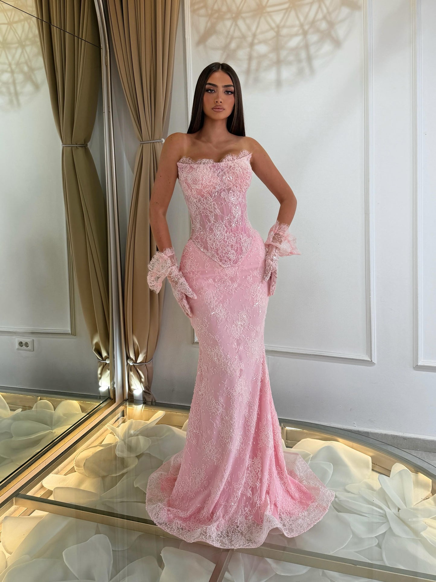 Strapless Lace Mermaid Evening Gown with Corset Bodice