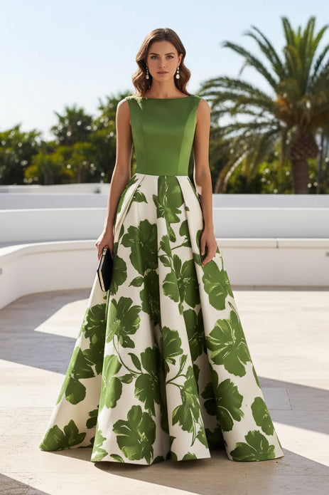 Sleeveless Floral Print A-Line Evening Gown