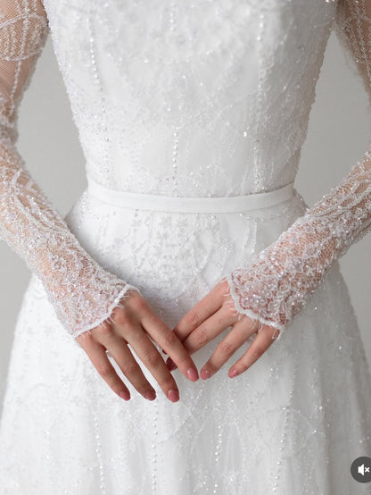 High Neck Illusion Long Sleeve A-Line Wedding Dress