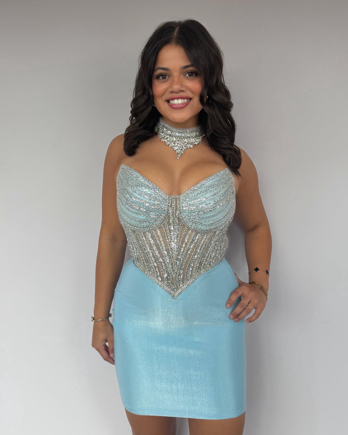 Strapless Beaded Corset Mini Dress with Basqued Waist
