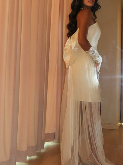 Strapless Satin Mini Bridal Dress with Bow Train