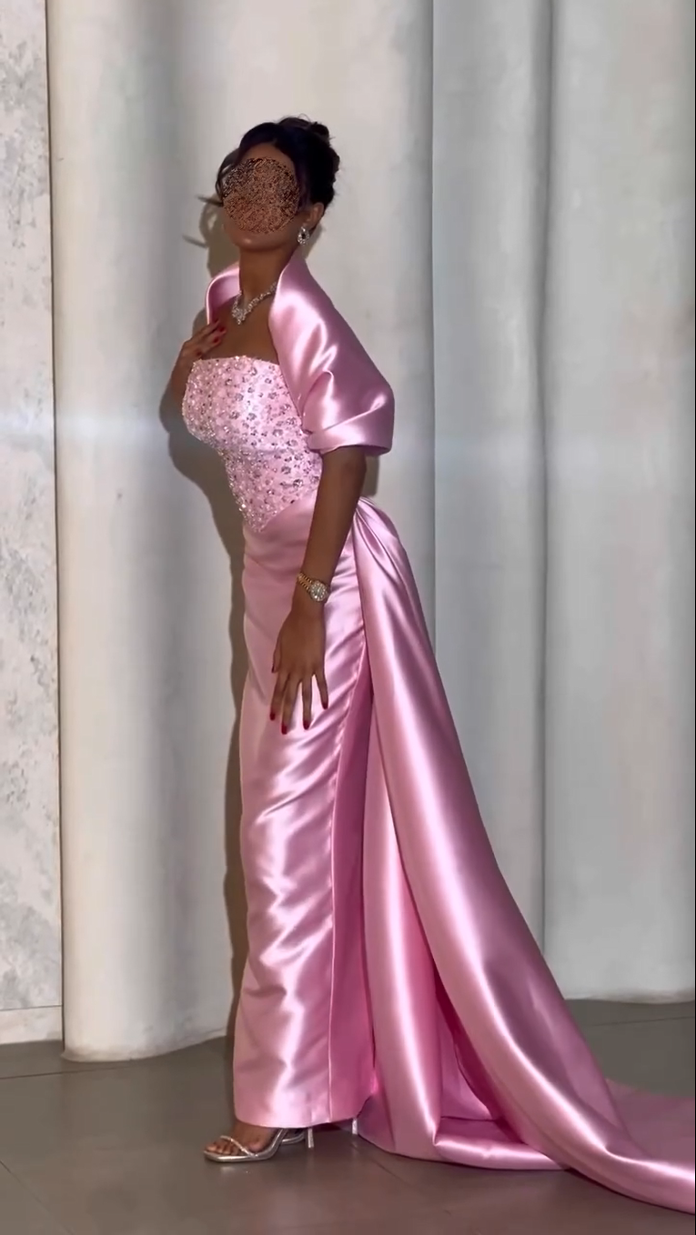 Beaded Bodice Satin Gown with Shawl & Side Drape