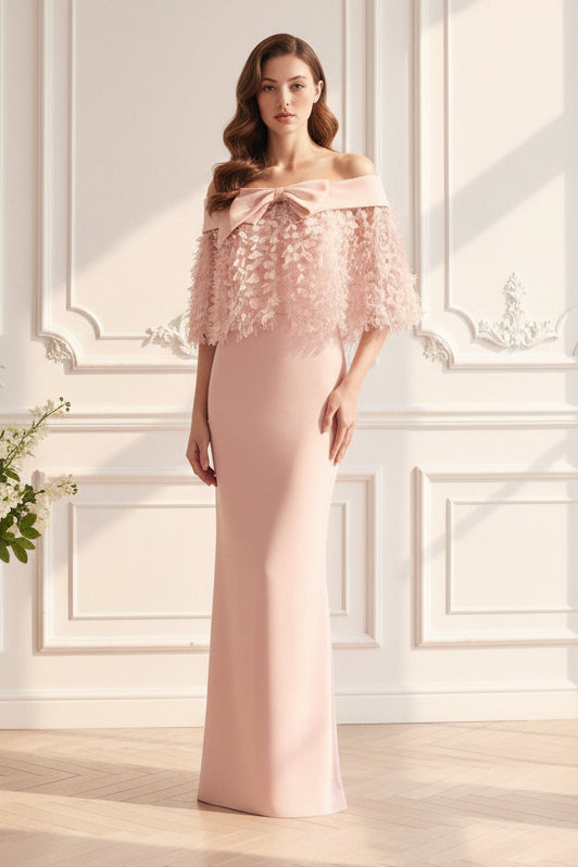 Off-the-Shoulder 3D Floral Cape Evening Gown