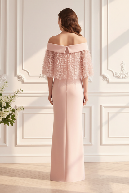 Off-the-Shoulder 3D Floral Cape Evening Gown