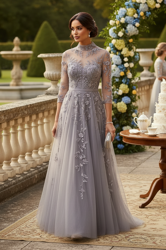 Illusion High Neck Beaded Lace A-Line Evening Gown
