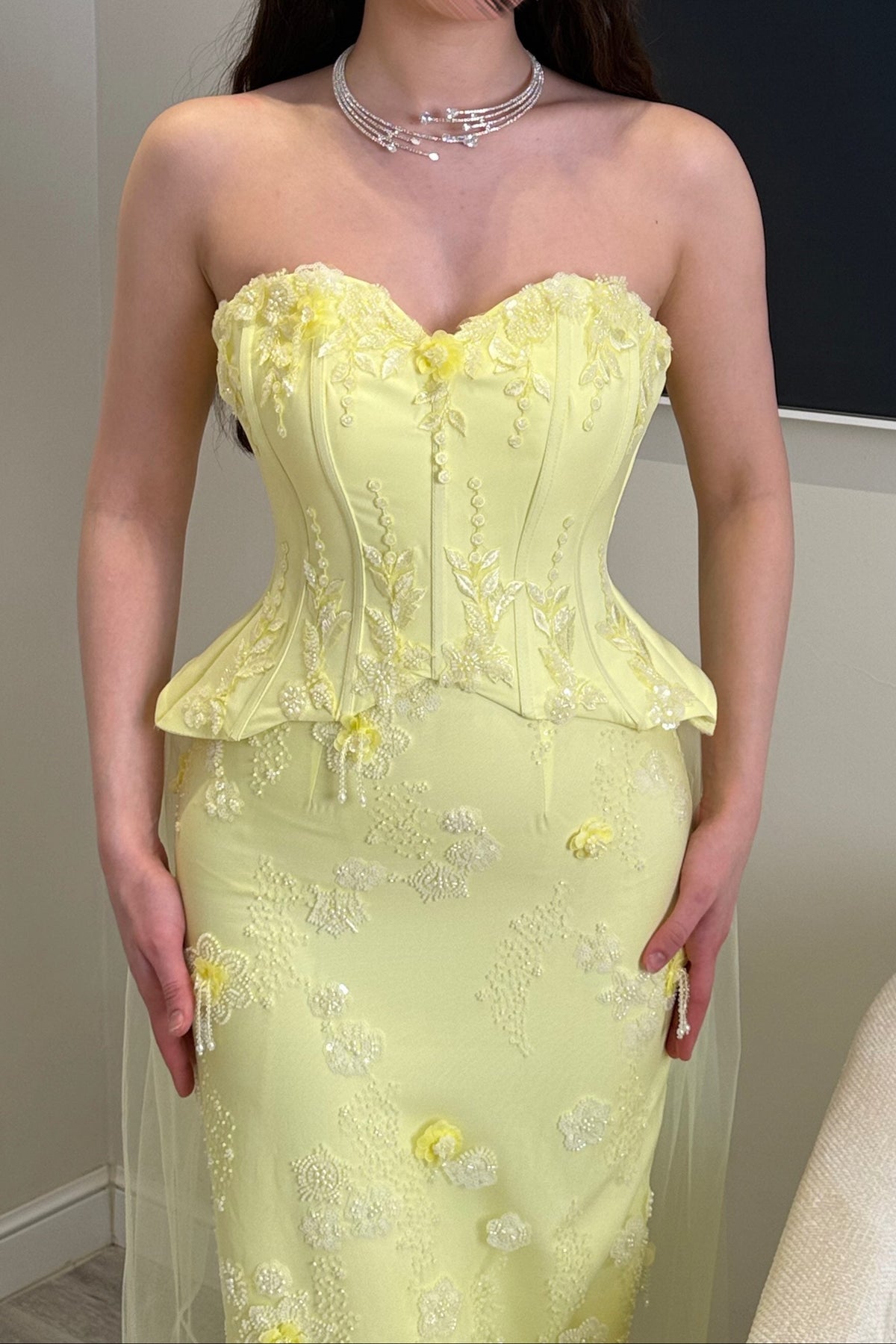 Strapless Corset Evening Gown with Tulle Train