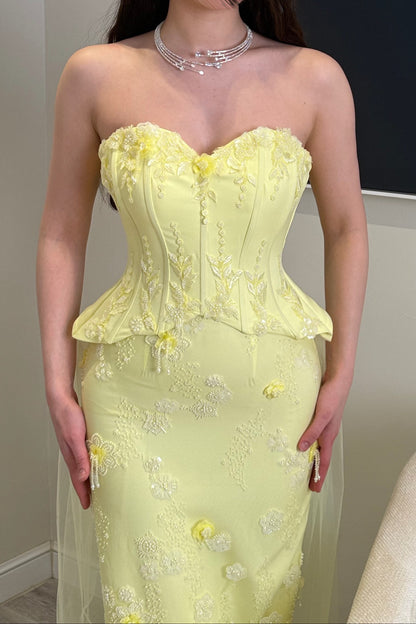 Strapless Corset Evening Gown with Tulle Train