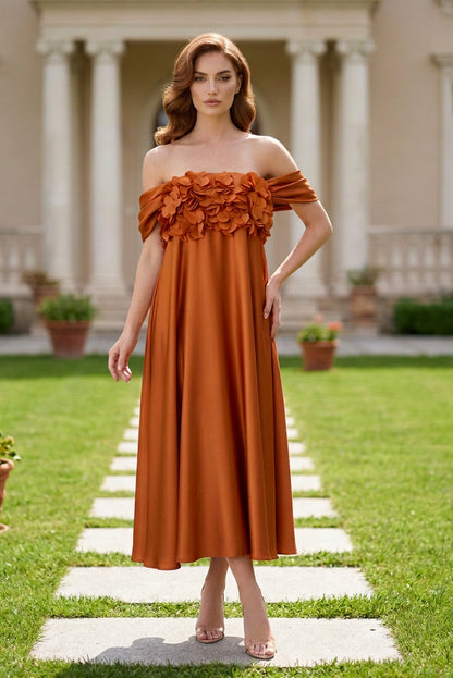 Off-the-Shoulder Floral Applique Midi Dress