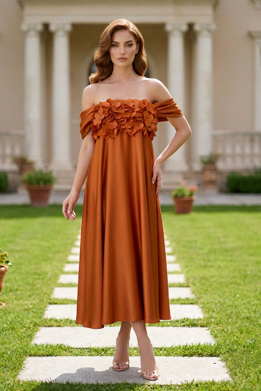 Off-the-Shoulder Floral Applique Midi Dress