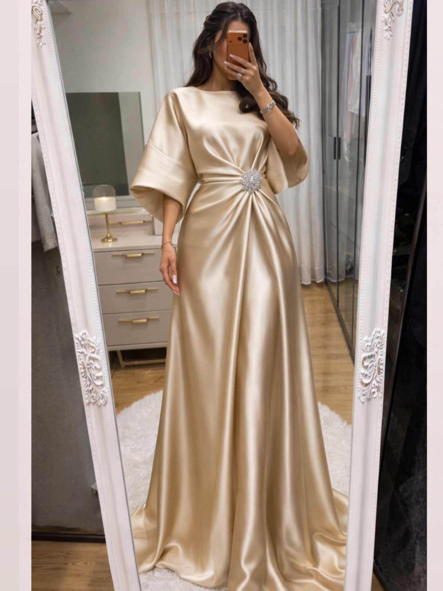 Satin Bateau Neck Gown with Bell Sleeves