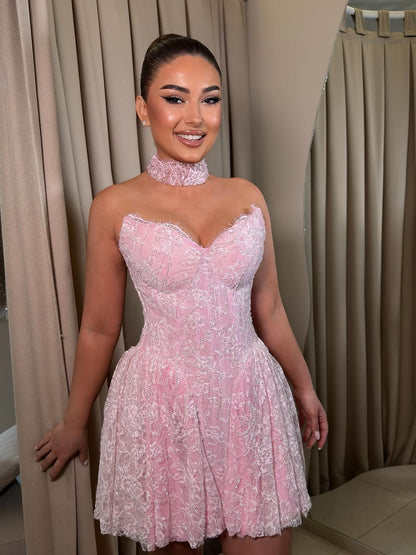 Strapless Sweetheart Lace Corset Mini Dress