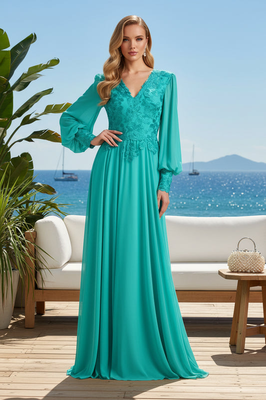 V-Neck Long Sleeve Chiffon A-Line Evening Gown