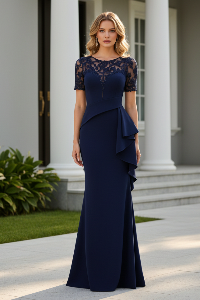 Lace Illusion Peplum Mermaid Evening Gown