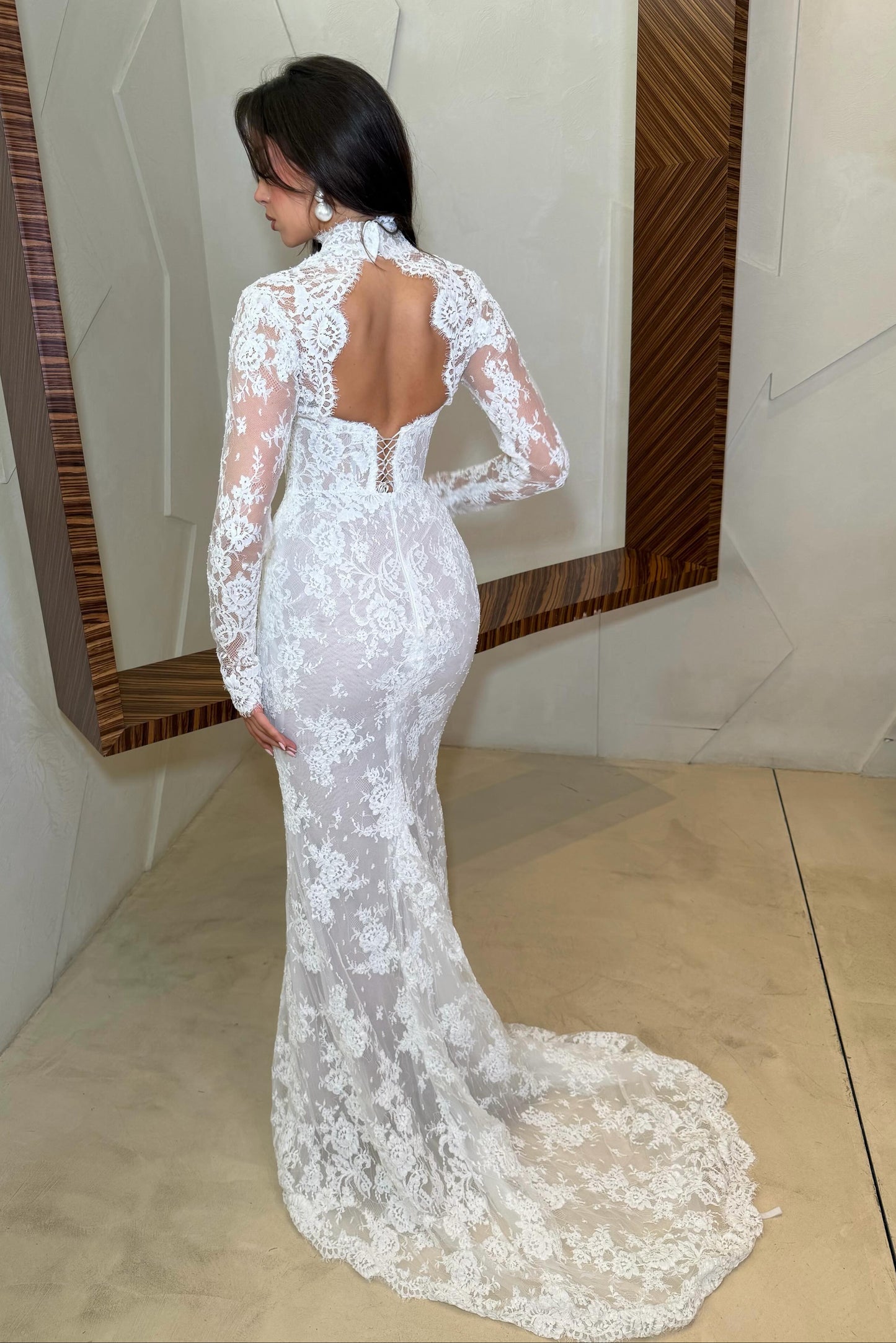 High Neck Lace Long Sleeve Mermaid Wedding Dress