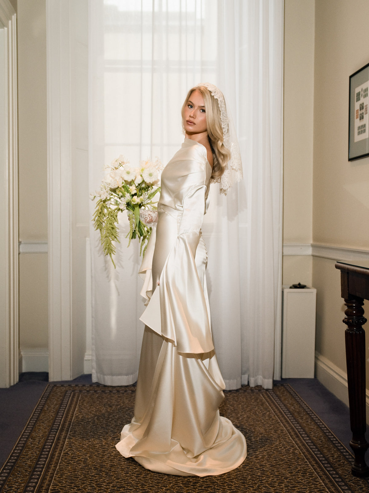 Satin Sheath Wedding Dress with Draped Sleeves