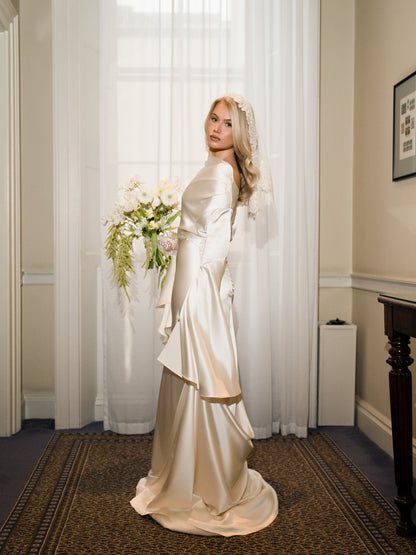 Satin Sheath Wedding Dress with Draped Sleeves