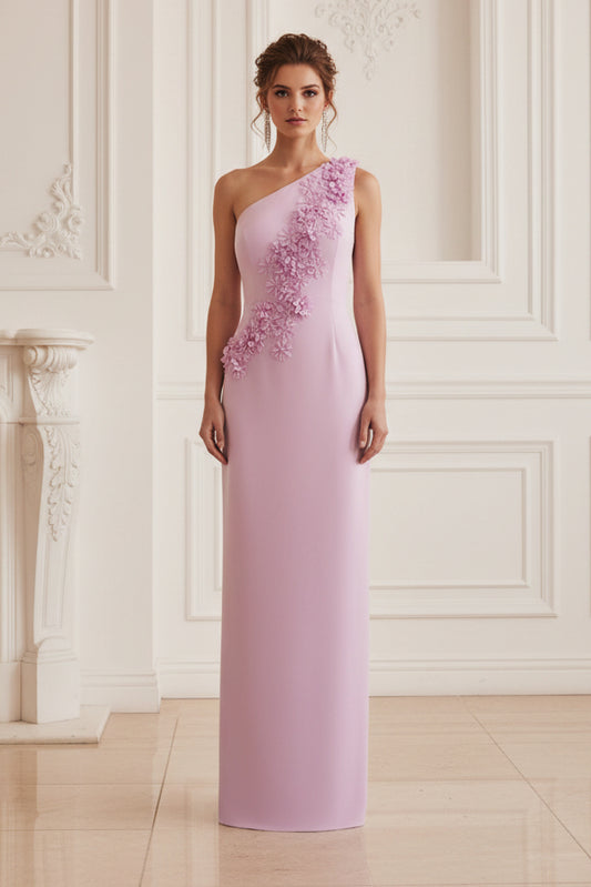 One-Shoulder 3D Floral Column Gown