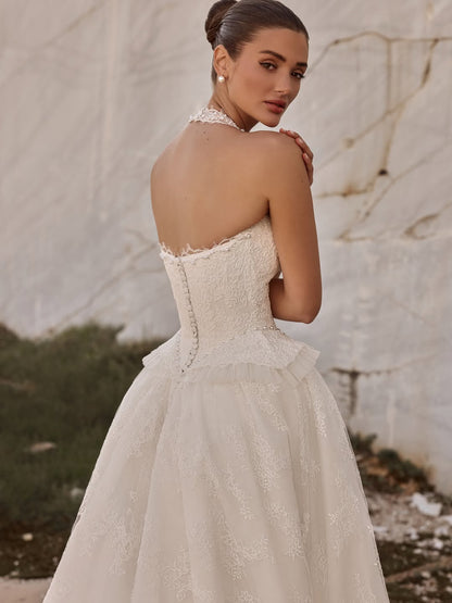 Lace Halter Ball Gown Wedding Dress with Basqued Hip