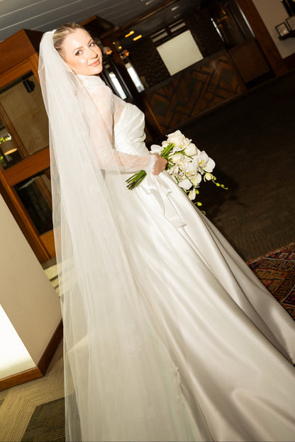 Long Sleeve Lace and Satin A-Line Bridal Gown