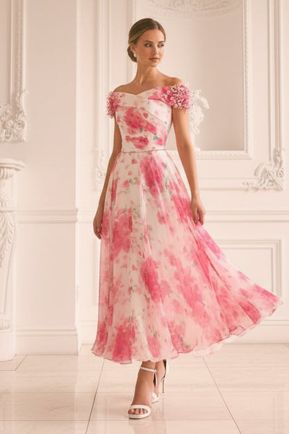 Off Shoulder Floral Print Tea-Length A-Line Dress