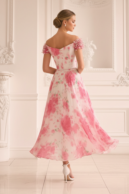 Off Shoulder Floral Print Tea-Length A-Line Dress