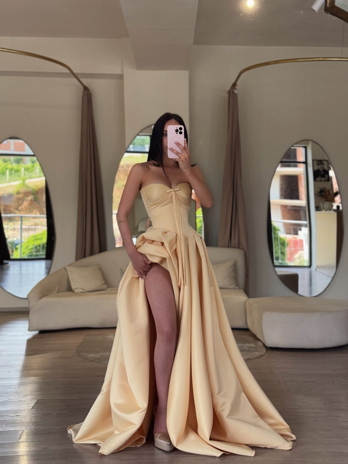 Strapless Corset Ball Gown with High Slit