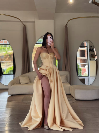 Strapless Corset Ball Gown with High Slit
