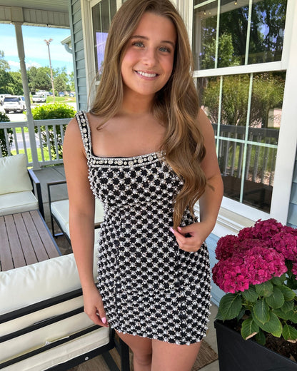Pearl Embellished Grid Pattern Mini Dress
