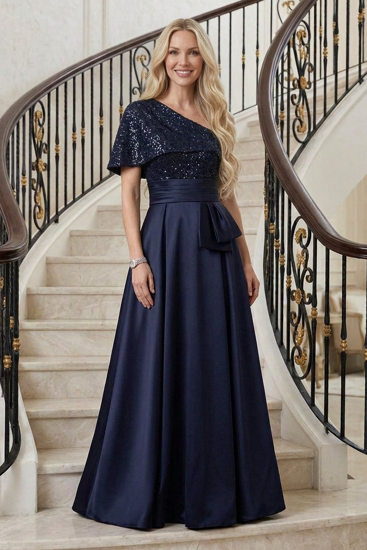One-Shoulder Sequin Bodice A-Line Evening Gown